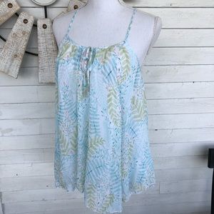 🌿 Lauren Conrad Woodland Fern Print Chiffon Tank Light Blue Green and White